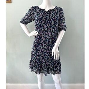 Kandy Kiss Women's Blue Floral Boho Shift Dress – Short Sleeve, Ruffle, Size M